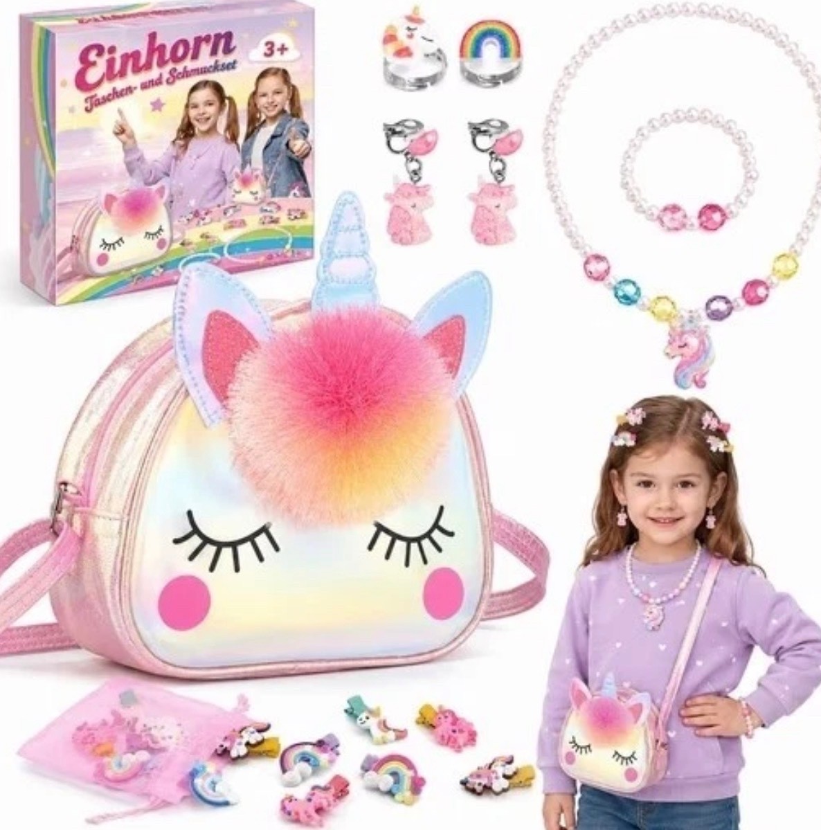 OSDUE-Einhorn-Schmuckset-6-tlg-Umhangetasche-Kette-Armband-Ring-Ohrringe-398359224166