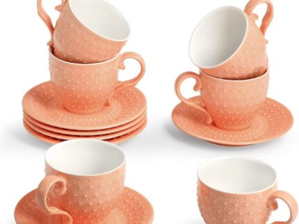 SUNTING Kaffeetassen Set mit Untertassen Porzellan Orange Kaffeeset 12 tlg.